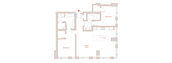 A floor plan of a house with two bedrooms, a living area, and a kitchen.