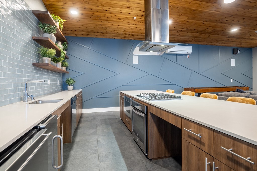 a kitchen with a long counter top and a stove and a sink