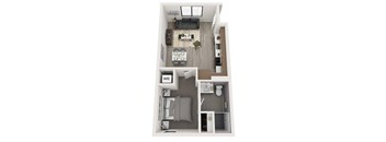 A floor plan of a small apartment with a living room, kitchen, and bathroom.