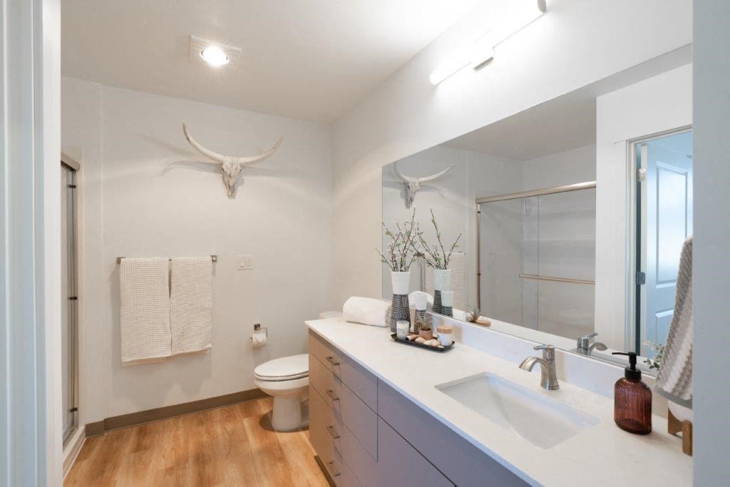 a bathroom with a large mirror and a toilet and a sink