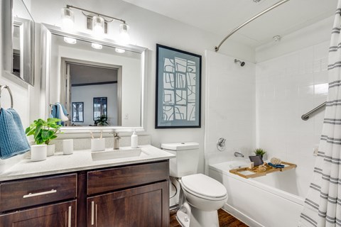 a bathroom with a toilet sink and mirror and a tub