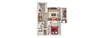 A top-down view of a small apartment with a kitchen, living room, and bathroom.