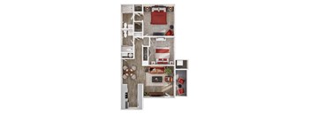 A top-down view of a small apartment with a kitchen, living room, and bathroom.