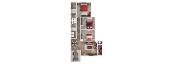 A top-down view of a room with a bed, desk, and chair.