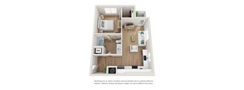 A floor plan of a small apartment with a kitchen, living room, and bathroom.