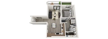 A top-down view of a modern apartment layout with a living room, kitchen, and bedroom.