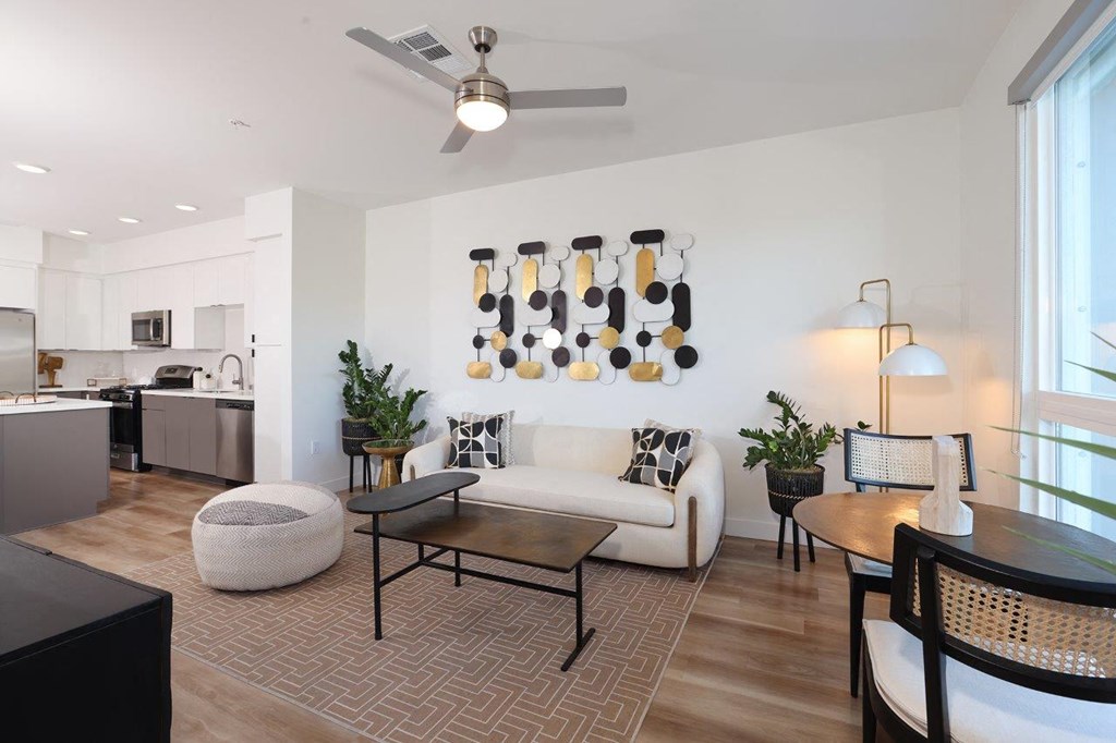 a living room with a couch and a table