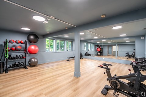 A gym with a variety of exercise equipment and a mirror on the wall.