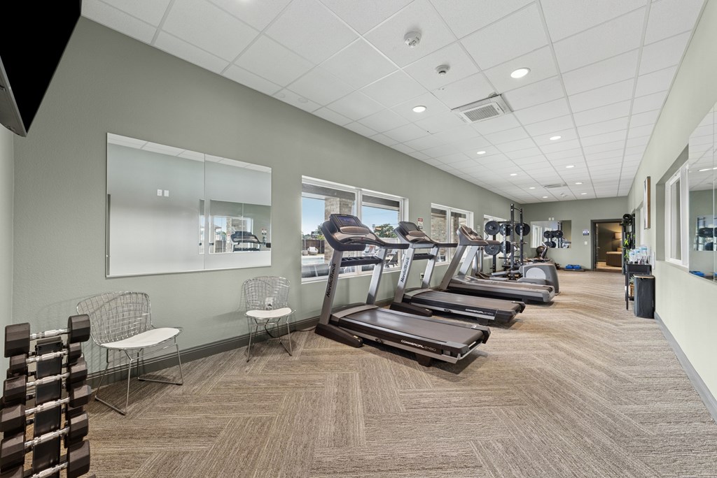 A gym with treadmills, exercise bikes, and other equipment.