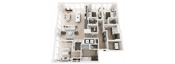 A top down view of a small apartment with a kitchen, living room, and bathroom.
