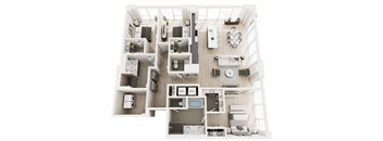 A top-down view of a small, neatly organized apartment with a kitchen, living room, and bathroom.