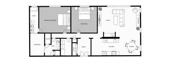 A floor plan of a house with a primary bedroom, bathroom, living room, dining room, kitchen, sunroom, and sauna.