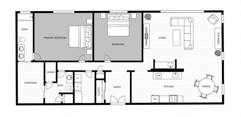 A floor plan of a house with a primary bedroom, bathroom, living room, dining room, kitchen, sunroom, and sauna.