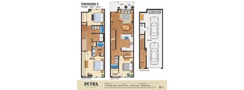 A floor plan for a townhome with three bedrooms and two bathrooms.