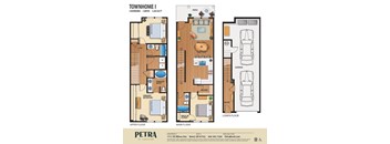 A floor plan for a townhome with three bedrooms and 3 bathrooms is displayed.
