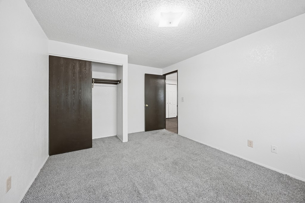 A room with a carpeted floor and two doors.