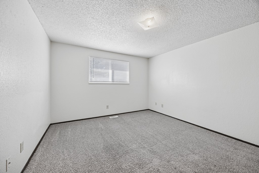 A white room with a grey carpet and a window.