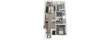 A floor plan of a small apartment with a living room, kitchen, and bathroom.