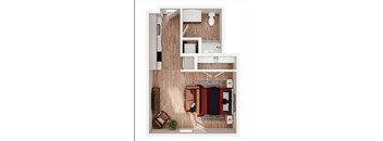 A top-down view of a modern apartment layout with a living area, kitchen, and bedroom.