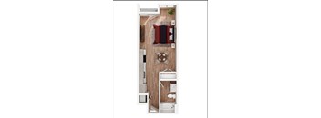 A top-down view of a small apartment with a kitchen, living room, and bathroom.