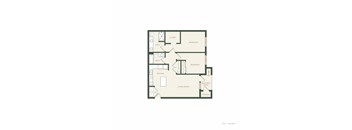 A floor plan of a house with two bedrooms, a living room, a kitchen, a bathroom, a balcony, and storage.