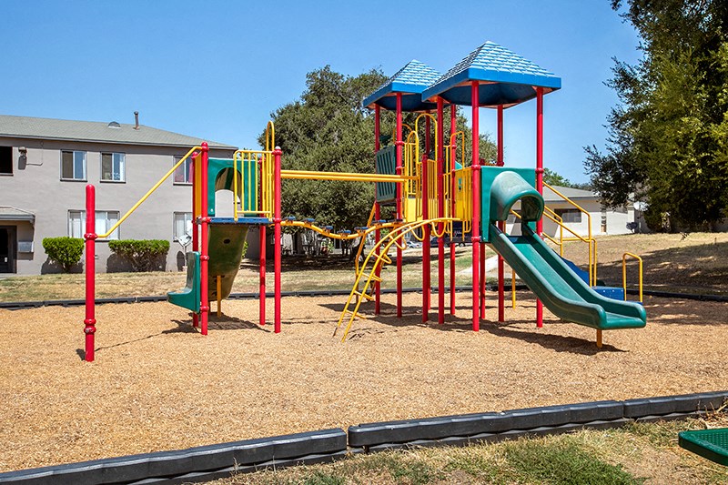 a playground with a slide and monkey bars