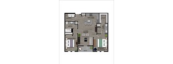A floor plan of a house with a living room, two bedrooms, a laundry room, and a kitchen.