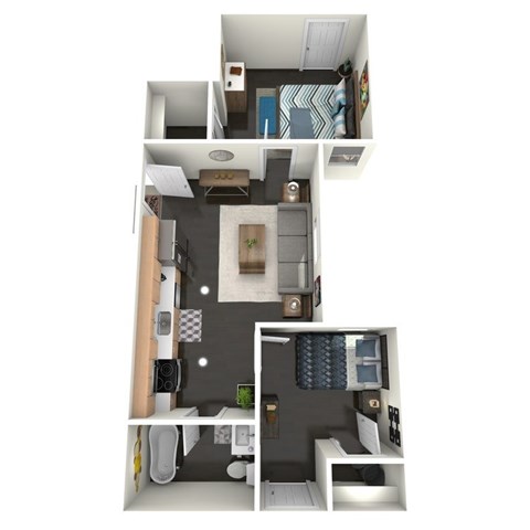 A floor plan of a 2 bedroom apartment with a kitchen, living room, and bathroom.
