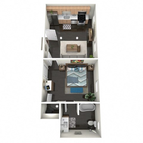 A floor plan of a 1 bedroom apartment with a kitchen, living room, and bathroom.