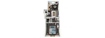 A floor plan of a 1 bedroom apartment with a kitchen, living room, and bathroom.