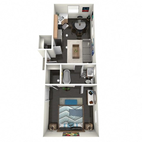 A floor plan of a 1 bedroom apartment with a kitchen, living room, and bathroom.