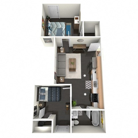 A floor plan of a 2 bedroom apartment with a kitchen, living room, and bathroom.