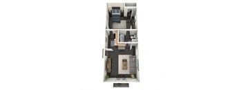 A floor plan of a 1 bedroom apartment with a kitchen, living room, and bathroom.