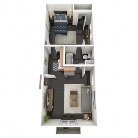 A floor plan of a 1 bedroom apartment with a kitchen, living room, and bathroom.