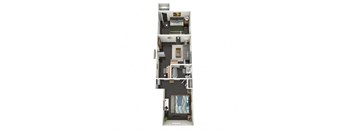 A floor plan of a 2 bedroom apartment with a kitchen, living room, and bathroom.