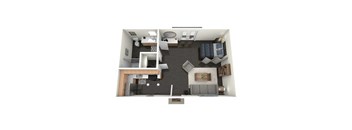 A floor plan of a studio apartment with a kitchen, living room, and bathroom.
