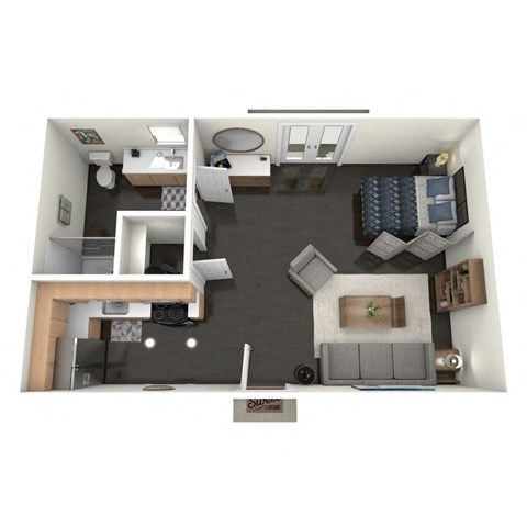 A floor plan of a studio apartment with a kitchen, living room, and bathroom.