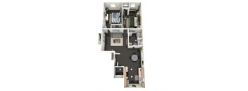 A floor plan of a 2 bedroom apartment with a kitchen, living room, and bathroom.