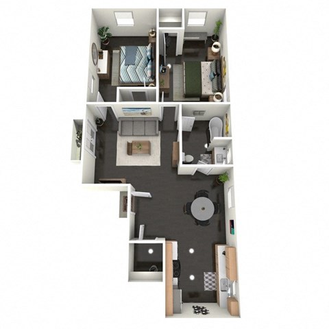 A floor plan of a 2 bedroom apartment with a kitchen, living room, and bathroom.