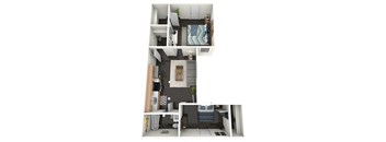 A floor plan of a 2 bedroom apartment with a kitchen, living room, and bathroom.