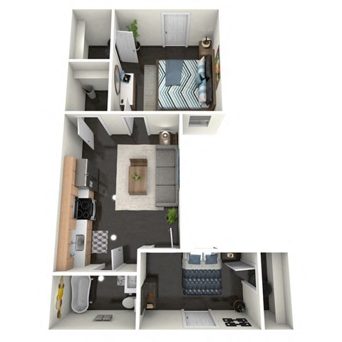 A floor plan of a 2 bedroom apartment with a kitchen, living room, and bathroom.