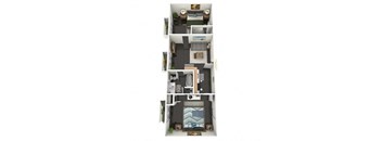 A floor plan of a 2 bedroom apartment with a kitchen, living room, and bathroom.