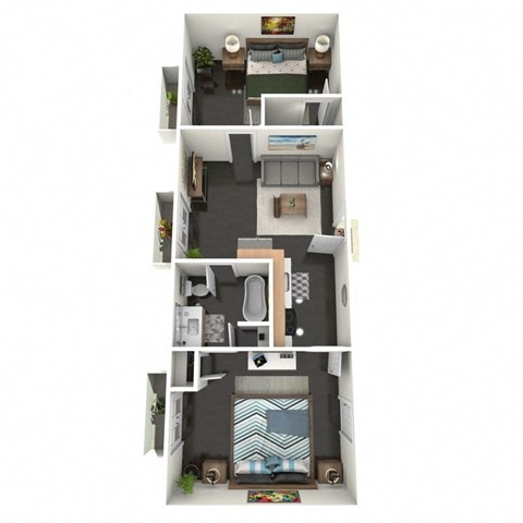 A floor plan of a 2 bedroom apartment with a kitchen, living room, and bathroom.