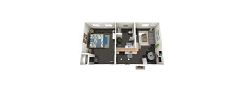 A floor plan of a 1 bedroom apartment with a kitchen, living room, and bathroom.
