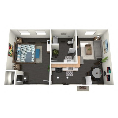A floor plan of a 1 bedroom apartment with a kitchen, living room, and bathroom.