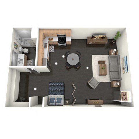 A floor plan of a studio apartment with a kitchen, living room, and bathroom.