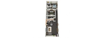 A floor plan of a 2 bedroom apartment with a kitchen, living room, and bathroom.