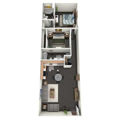 A floor plan of a 2 bedroom apartment with a kitchen, living room, and bathroom.