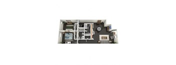 A floor plan of a 2 bedroom apartment with a kitchen, living room, and bathroom.