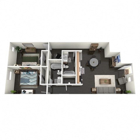 A floor plan of a 2 bedroom apartment with a kitchen, living room, and bathroom.
